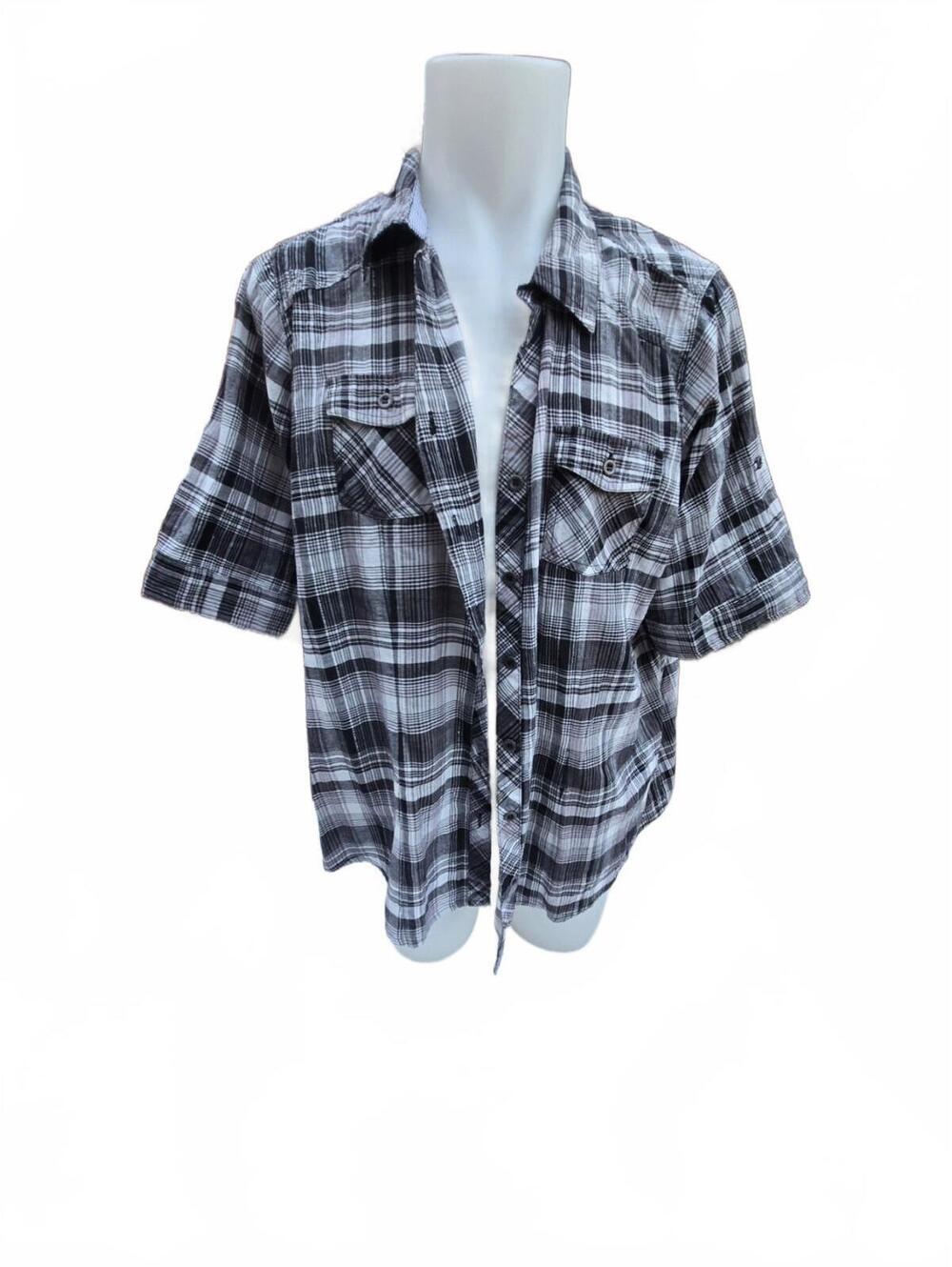 Dressbarn Women's 3X Black and White Plaid Short Sleeve Button-Up Shirt